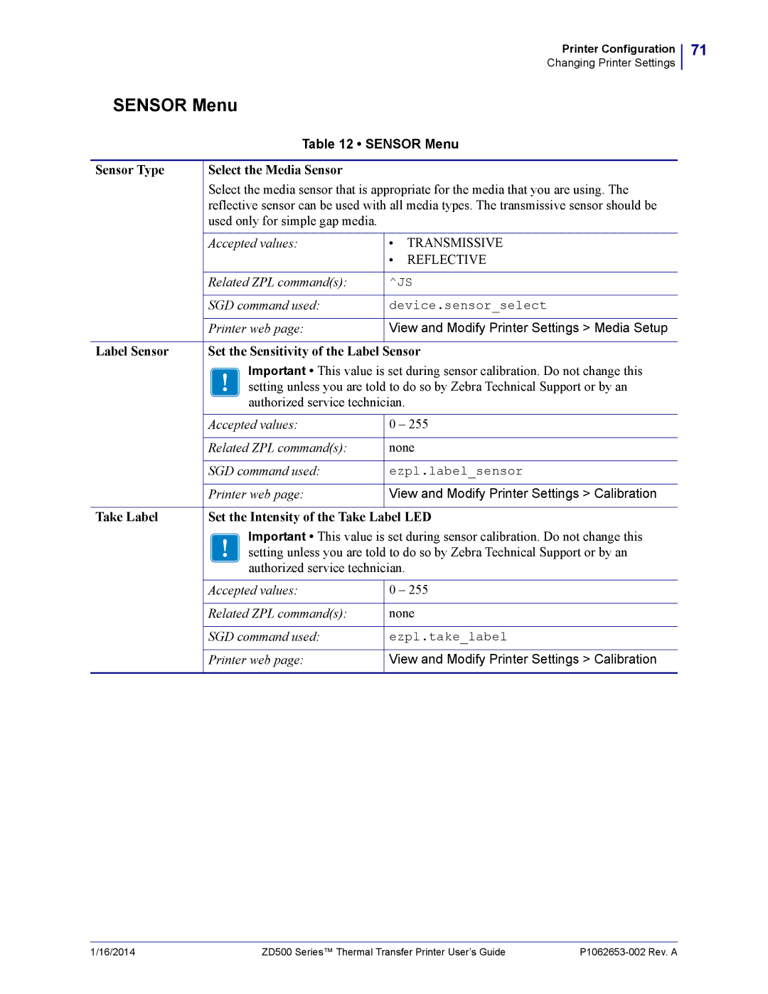 Zebra Technologies ZD500 manual Sensor Menu, Sensor Type Select the Media Sensor 