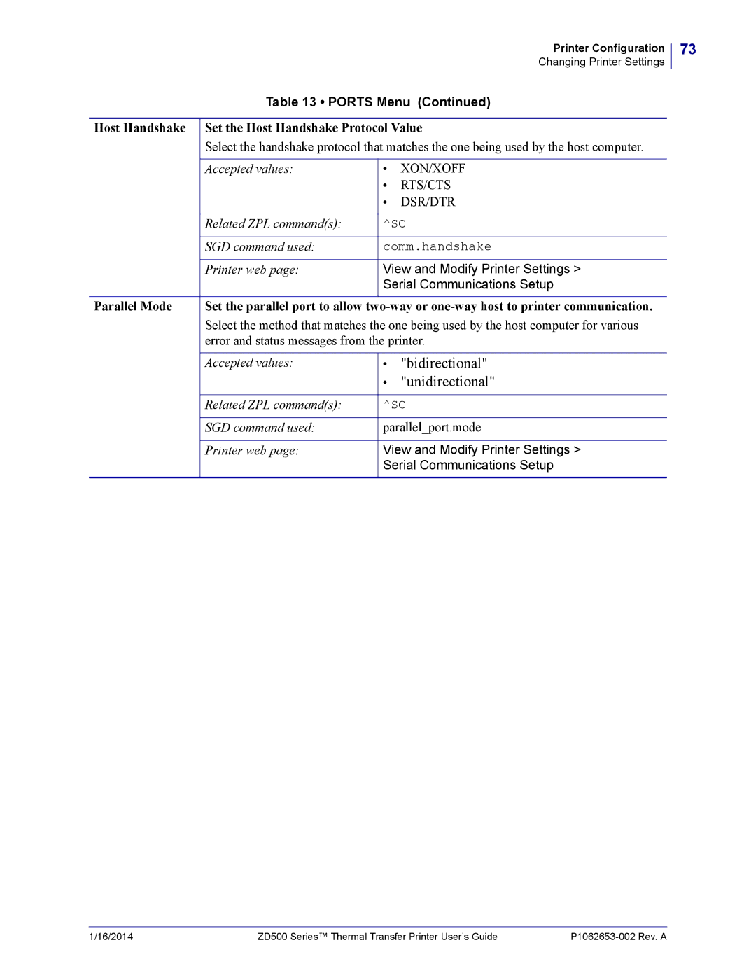 Zebra Technologies ZD500 Host Handshake Set the Host Handshake Protocol Value, Error and status messages from the printer 