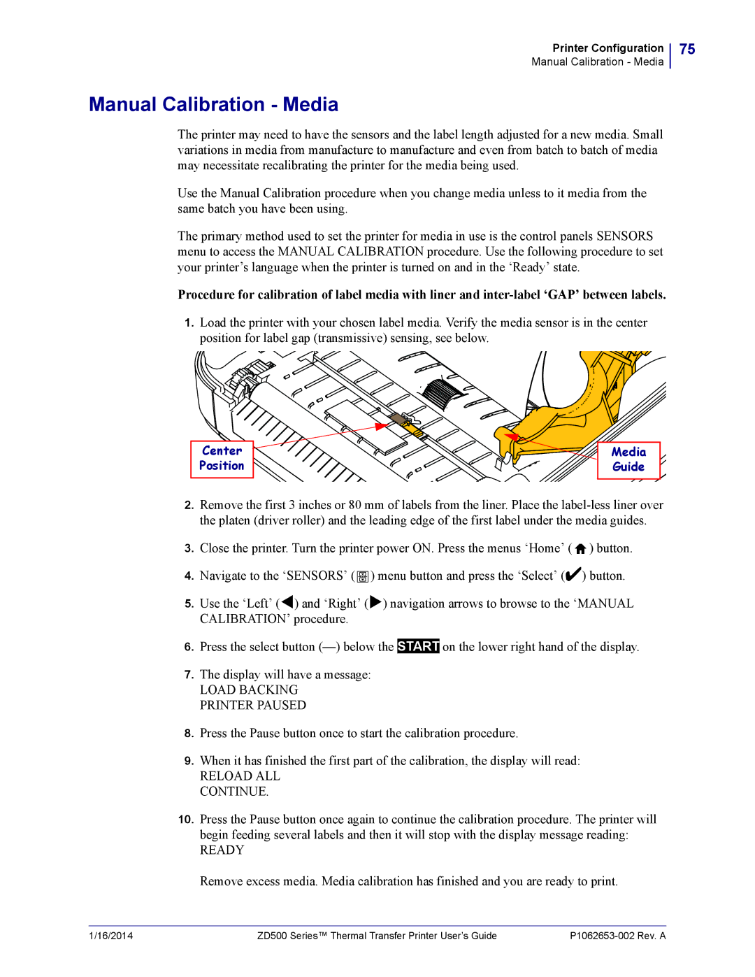 Zebra Technologies ZD500 manual Manual Calibration Media, Center Position Media Guide 