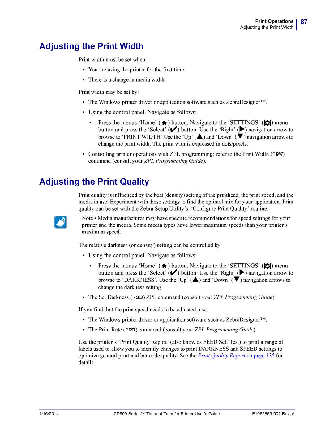 Zebra Technologies ZD500 manual Adjusting the Print Width, Adjusting the Print Quality 