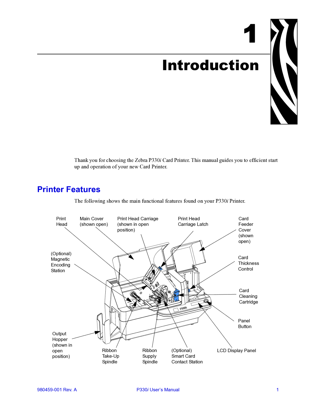 Zebra Technologies zebra p330 user manual Introduction, Printer Features 