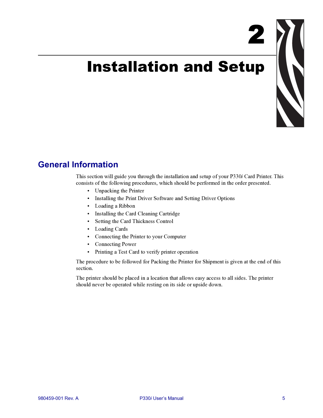 Zebra Technologies zebra p330 user manual Installation and Setup, General Information 