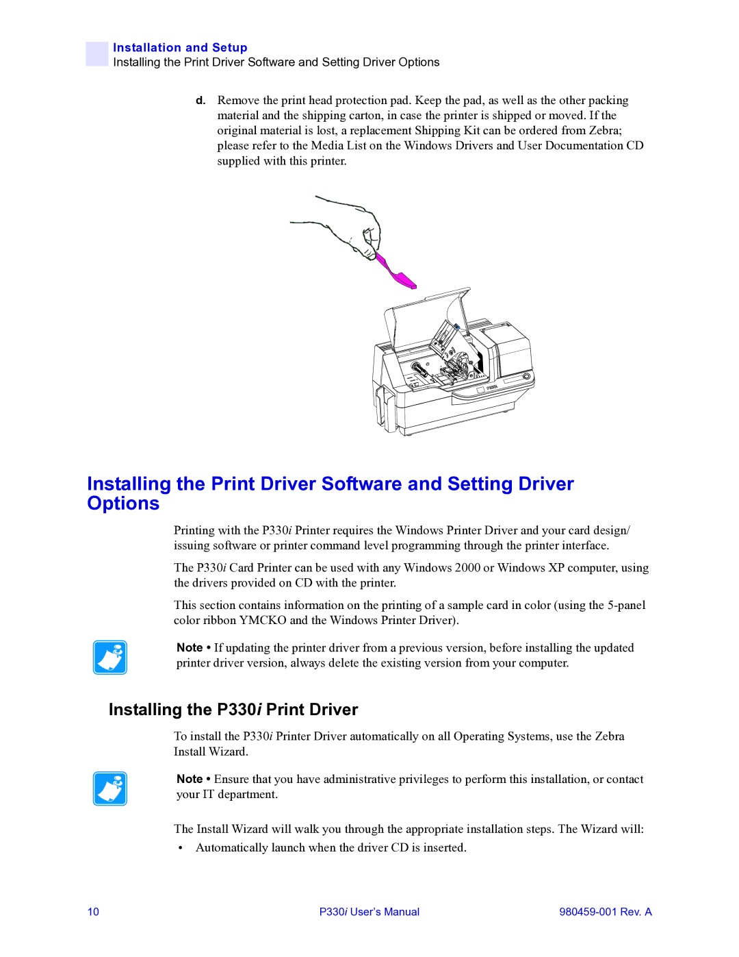 Zebra Technologies zebra p330 user manual Installing the P330i Print Driver 