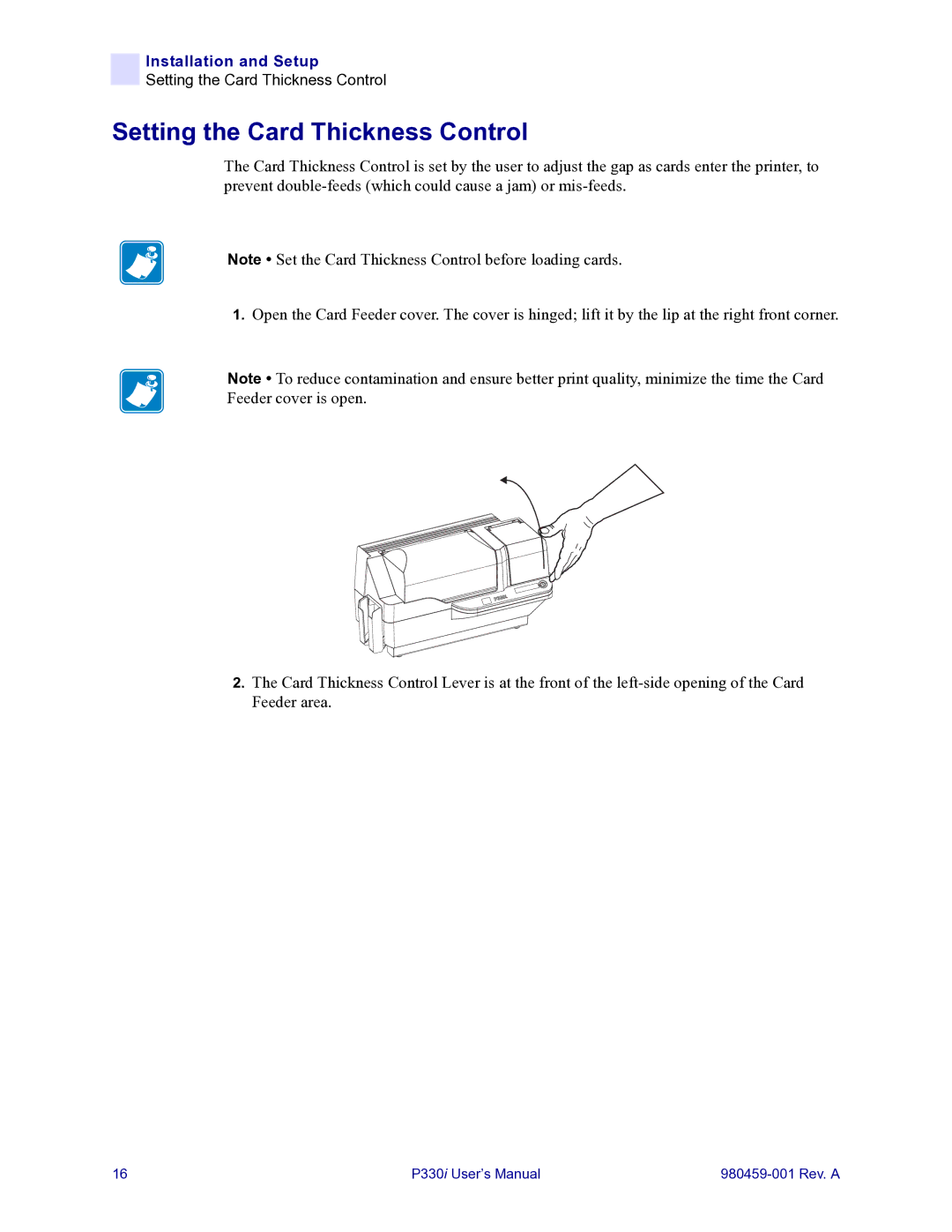 Zebra Technologies zebra p330 user manual Setting the Card Thickness Control 