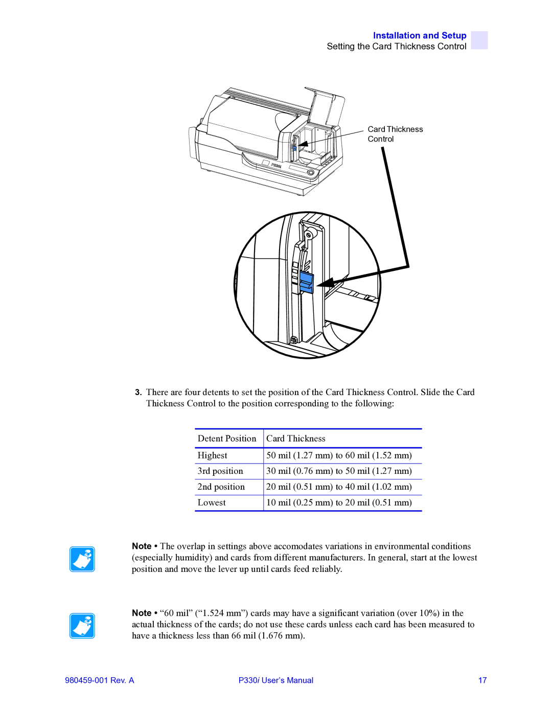 Zebra Technologies zebra p330 user manual Card Thickness Control 