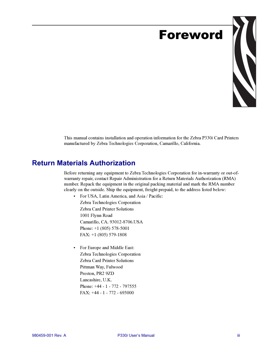 Zebra Technologies zebra p330 user manual Foreword, Return Materials Authorization 