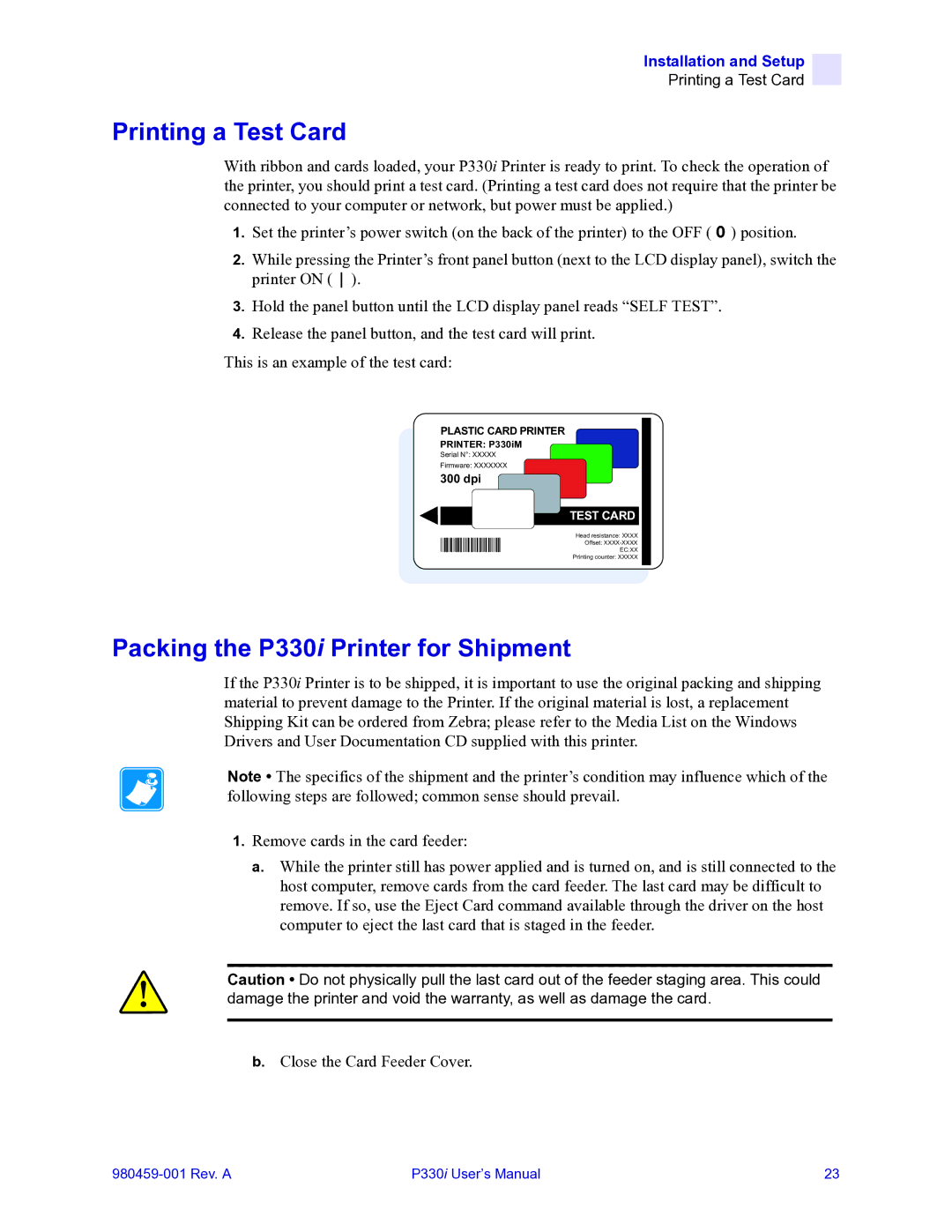 Zebra Technologies zebra p330 user manual Printing a Test Card, Packing the P330i Printer for Shipment 