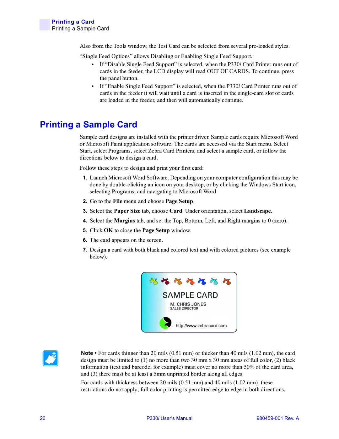 Zebra Technologies zebra p330 user manual Printing a Sample Card 