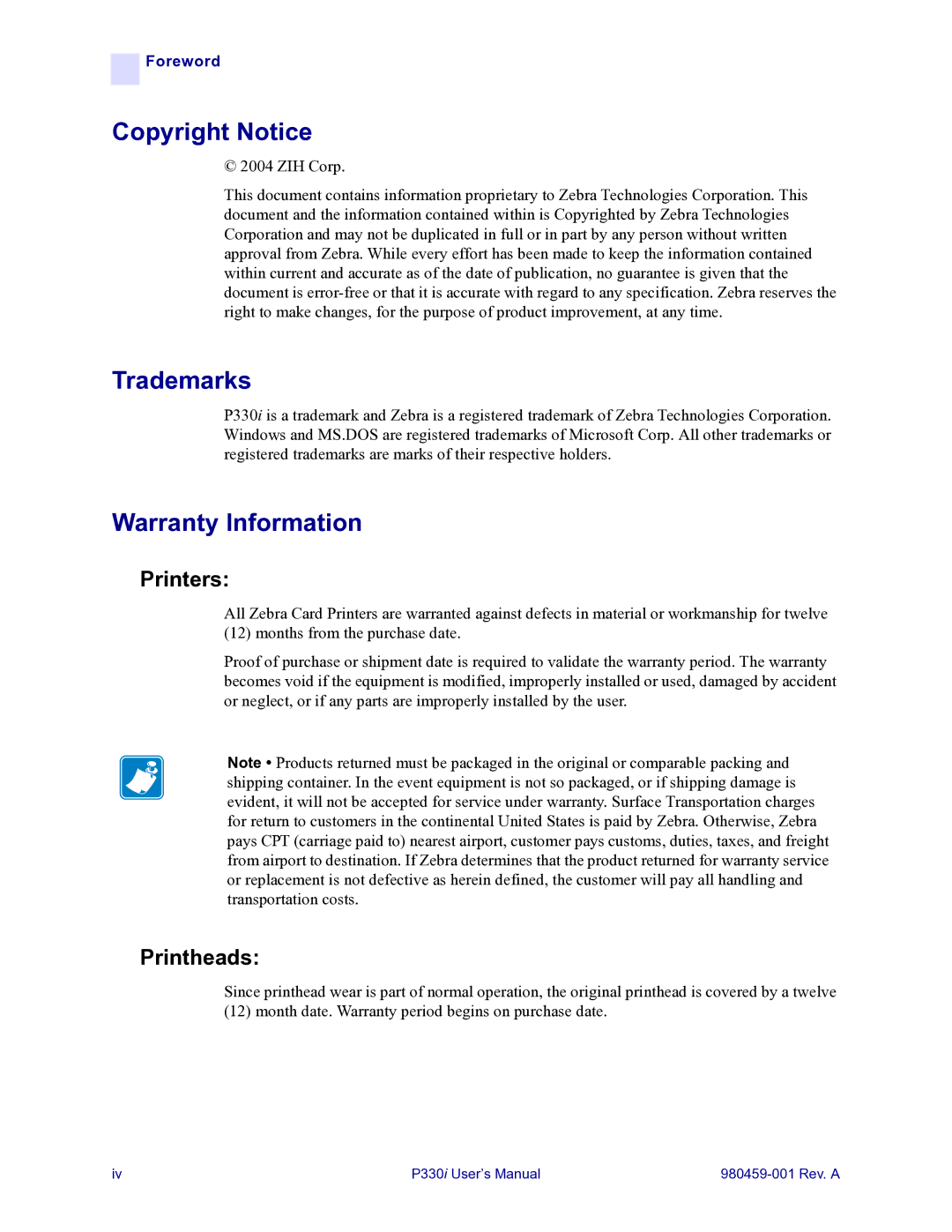 Zebra Technologies zebra p330 user manual Copyright Notice, Trademarks, Warranty Information, Printers, Printheads 