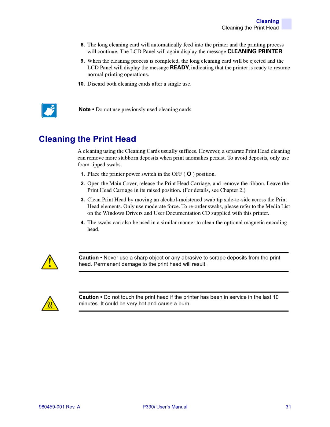 Zebra Technologies zebra p330 user manual Cleaning the Print Head 