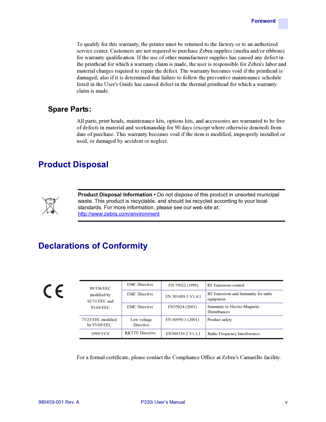 Zebra Technologies zebra p330 user manual Product Disposal Declarations of Conformity, Spare Parts 