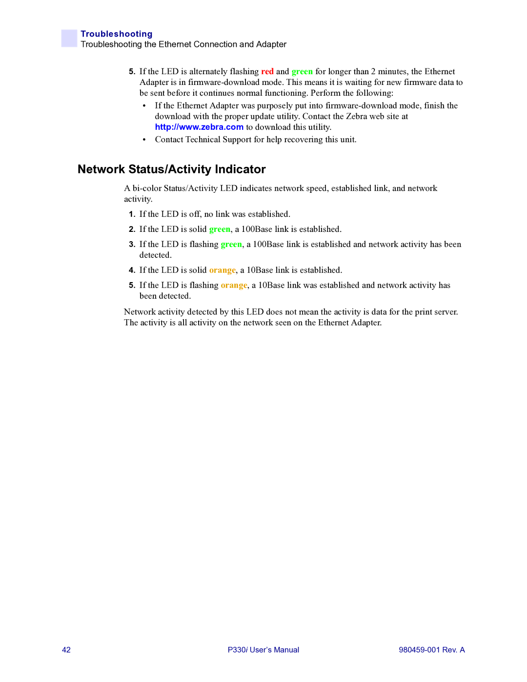 Zebra Technologies zebra p330 user manual Network Status/Activity Indicator 