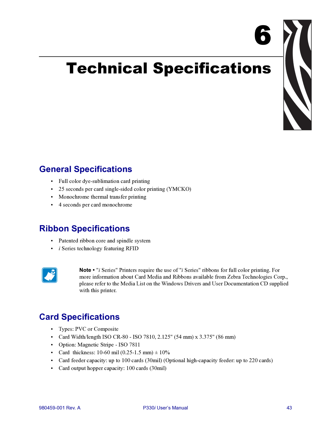 Zebra Technologies zebra p330 Technical Specifications, General Specifications, Ribbon Specifications, Card Specifications 