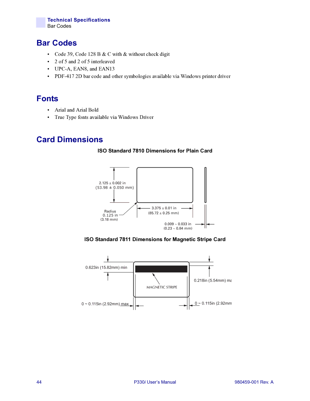 Zebra Technologies zebra p330 user manual Bar Codes, Fonts, Card Dimensions 