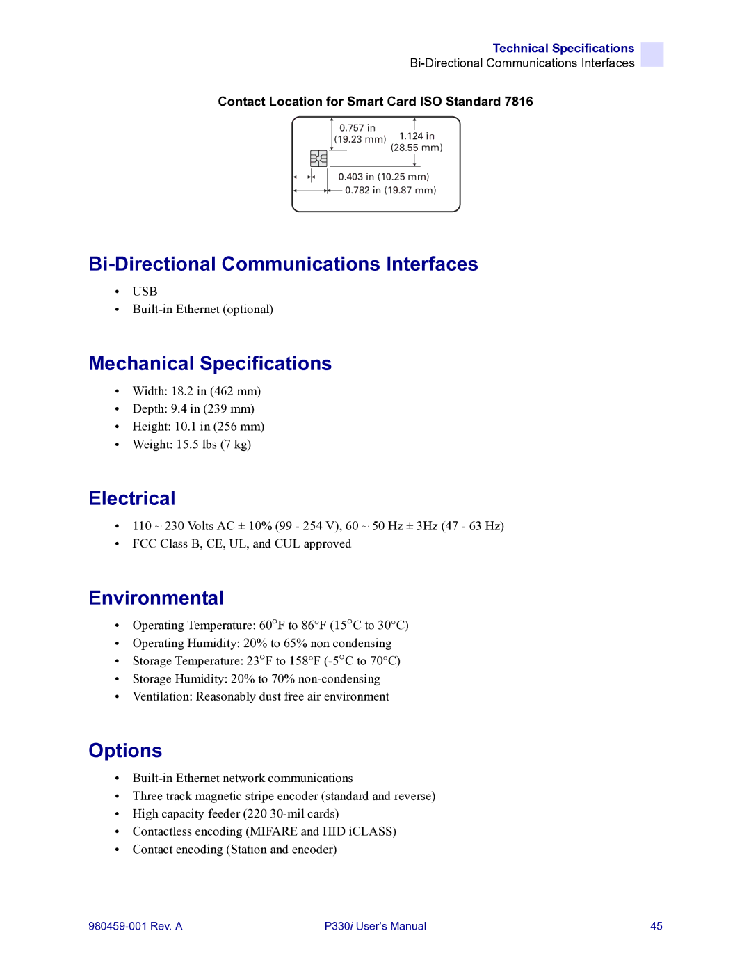 Zebra Technologies zebra p330 Bi-Directional Communications Interfaces, Mechanical Specifications, Electrical, Options 