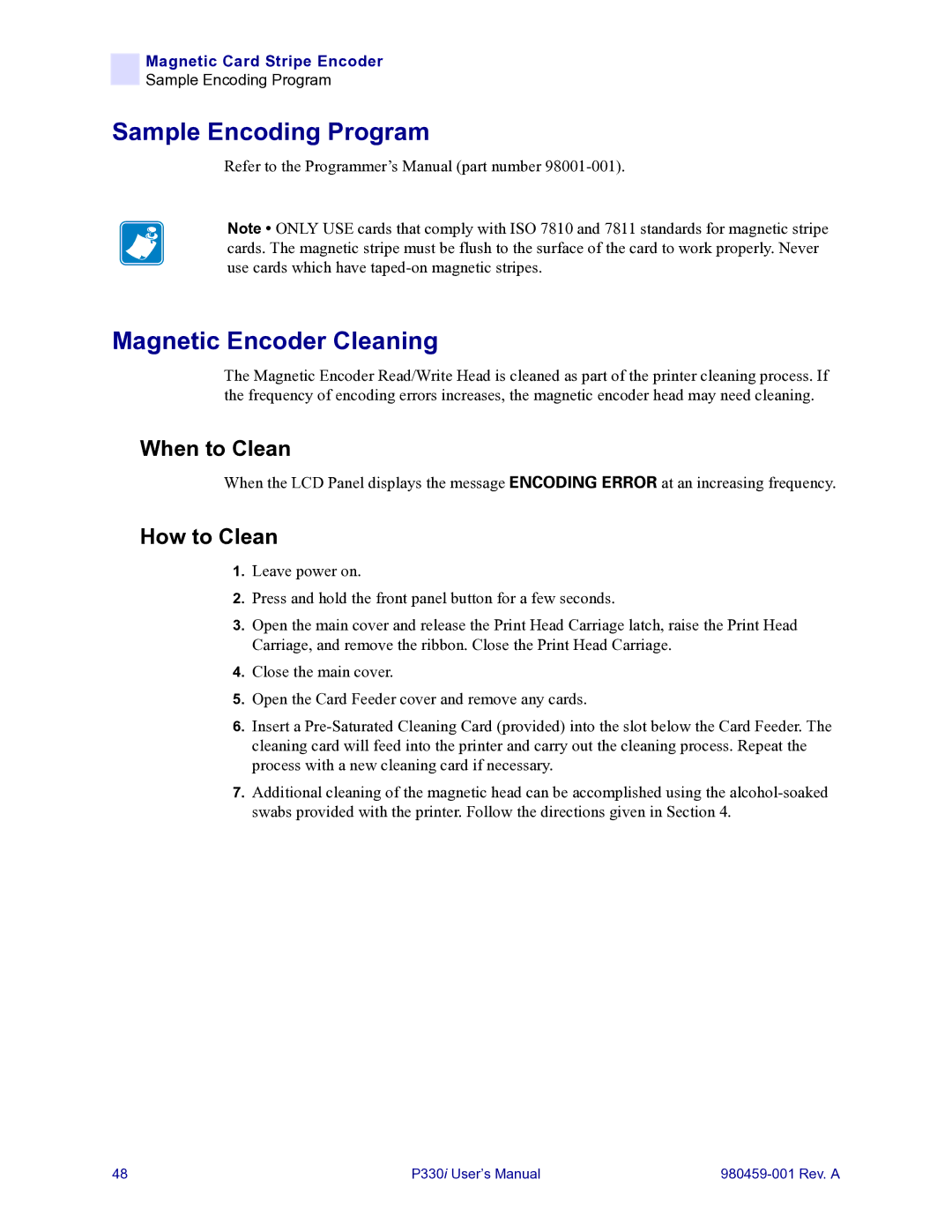 Zebra Technologies zebra p330 user manual Sample Encoding Program, Magnetic Encoder Cleaning 