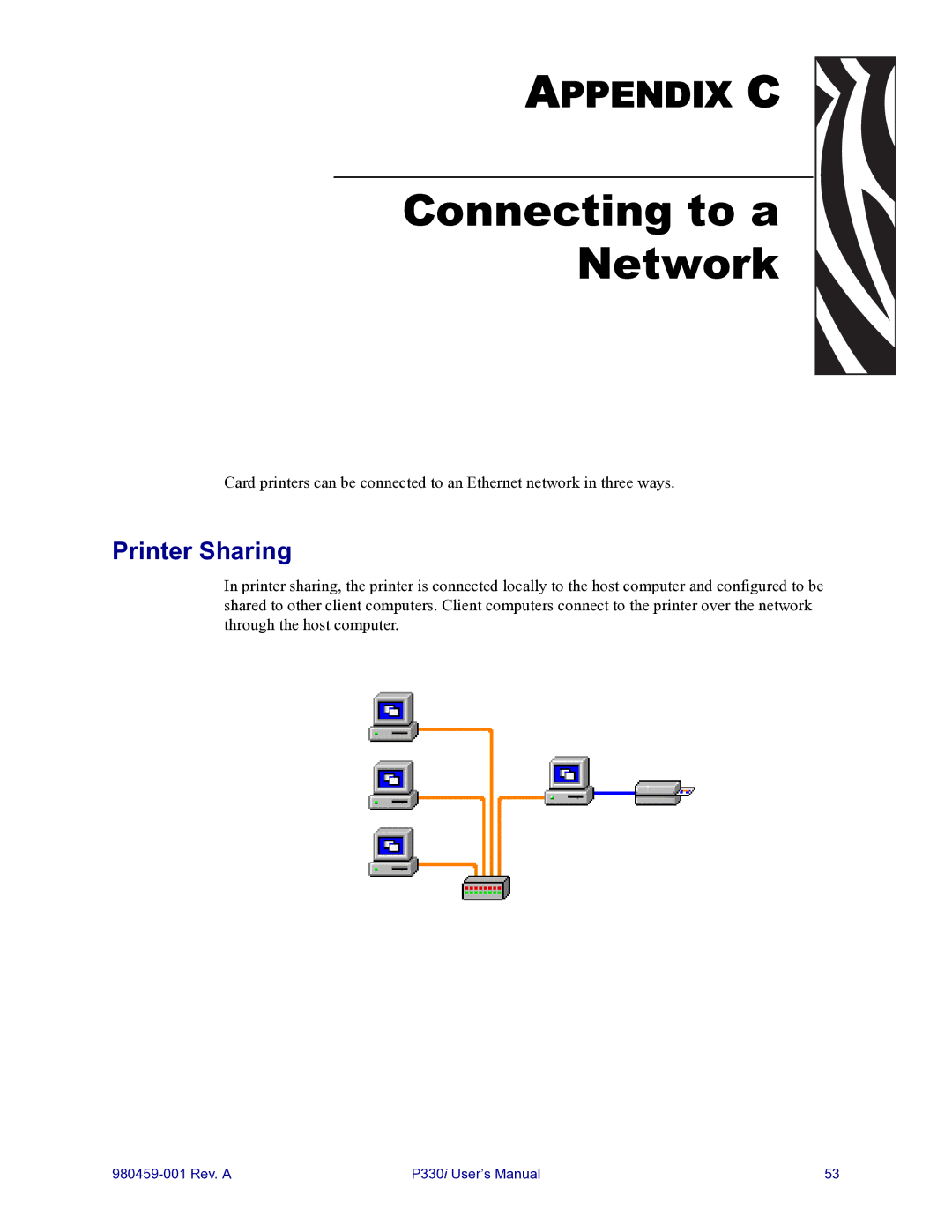 Zebra Technologies zebra p330 user manual Connecting to a Network, Printer Sharing 