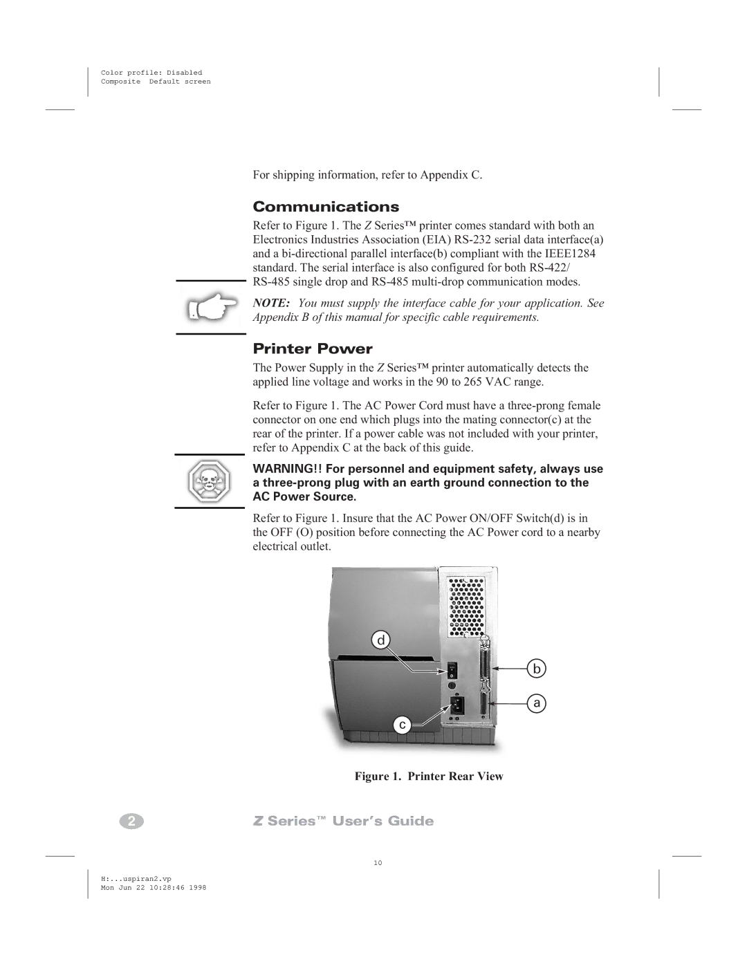 Zebra Technologies Zebra Z6000, Zebra Z4000 manual Communications, Printer Power 