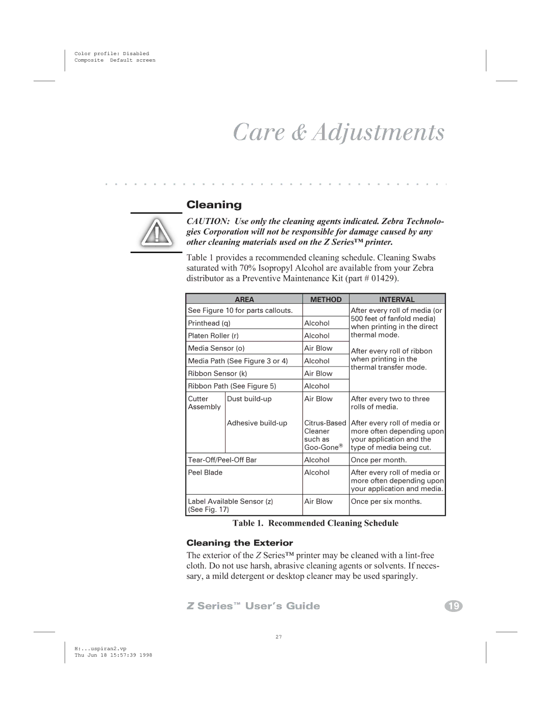 Zebra Technologies Zebra Z4000, Zebra Z6000 manual Leaner, Care & Adjustments, Cleaning, SeeFigure10forAREAparts callouts 