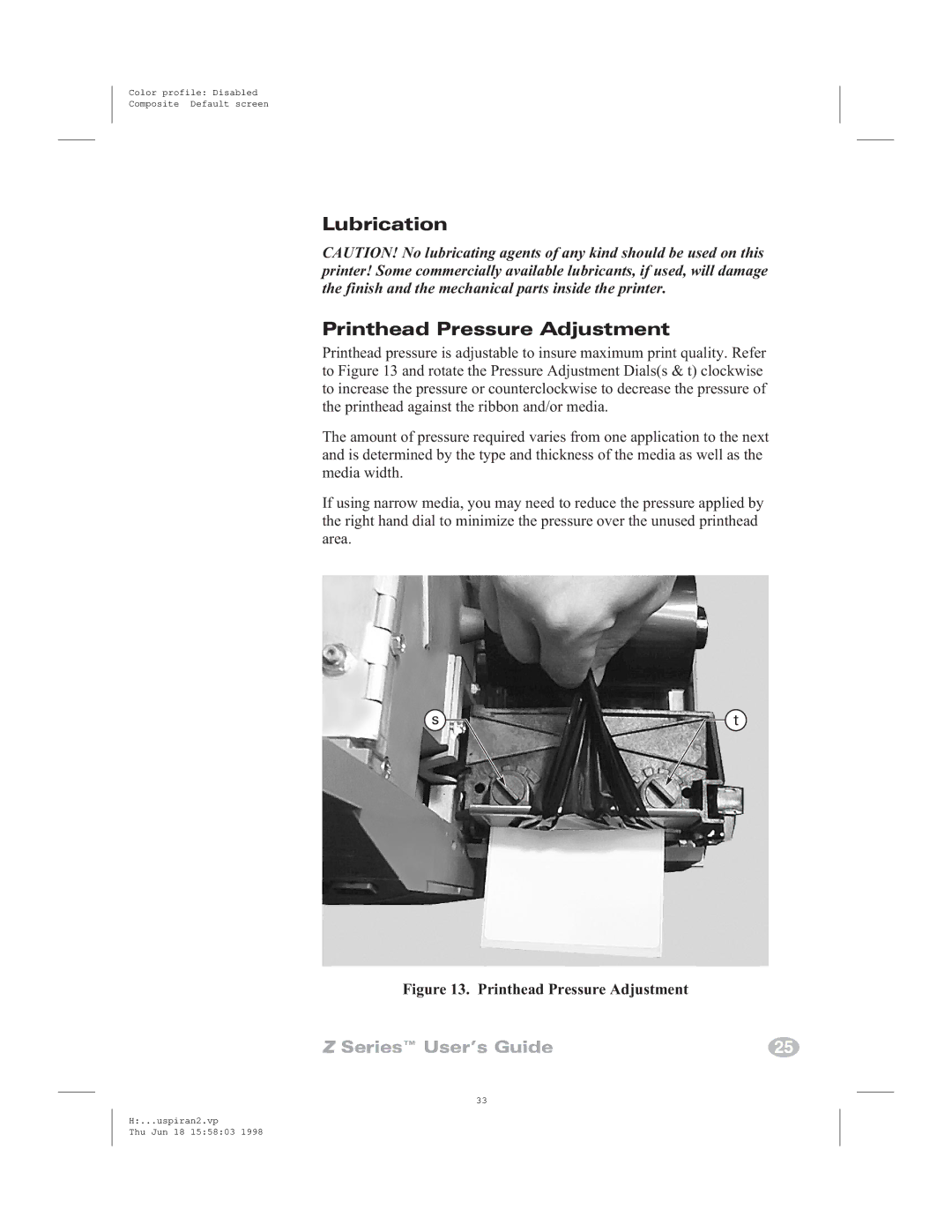 Zebra Technologies Zebra Z4000, Zebra Z6000 manual Lubrication Printhead Pressure Adjustment 