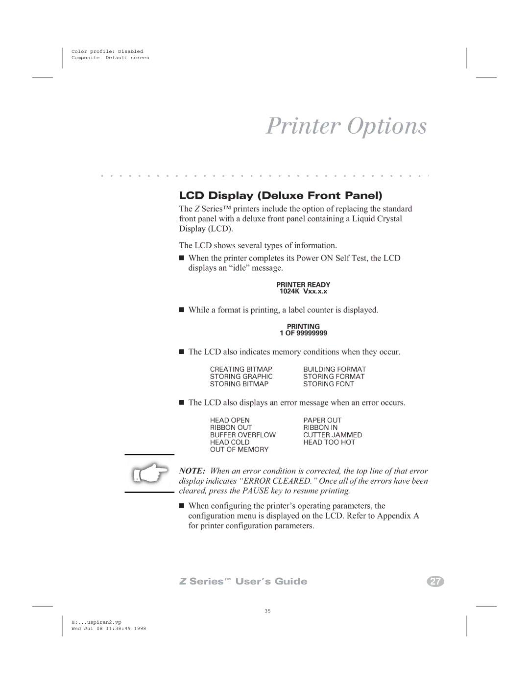 Zebra Technologies Zebra Z4000, Zebra Z6000 manual Printer Options, LCD Display Deluxe Front Panel 