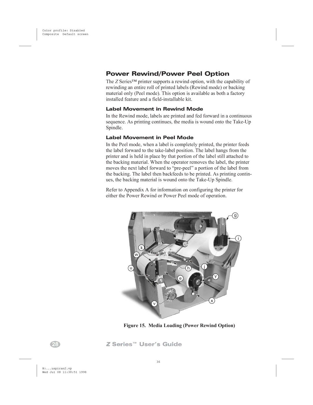 Zebra Technologies Zebra Z6000 Power Rewind/Power Peel Option, Label Movement in Rewind Mode, Label Movement in Peel Mode 