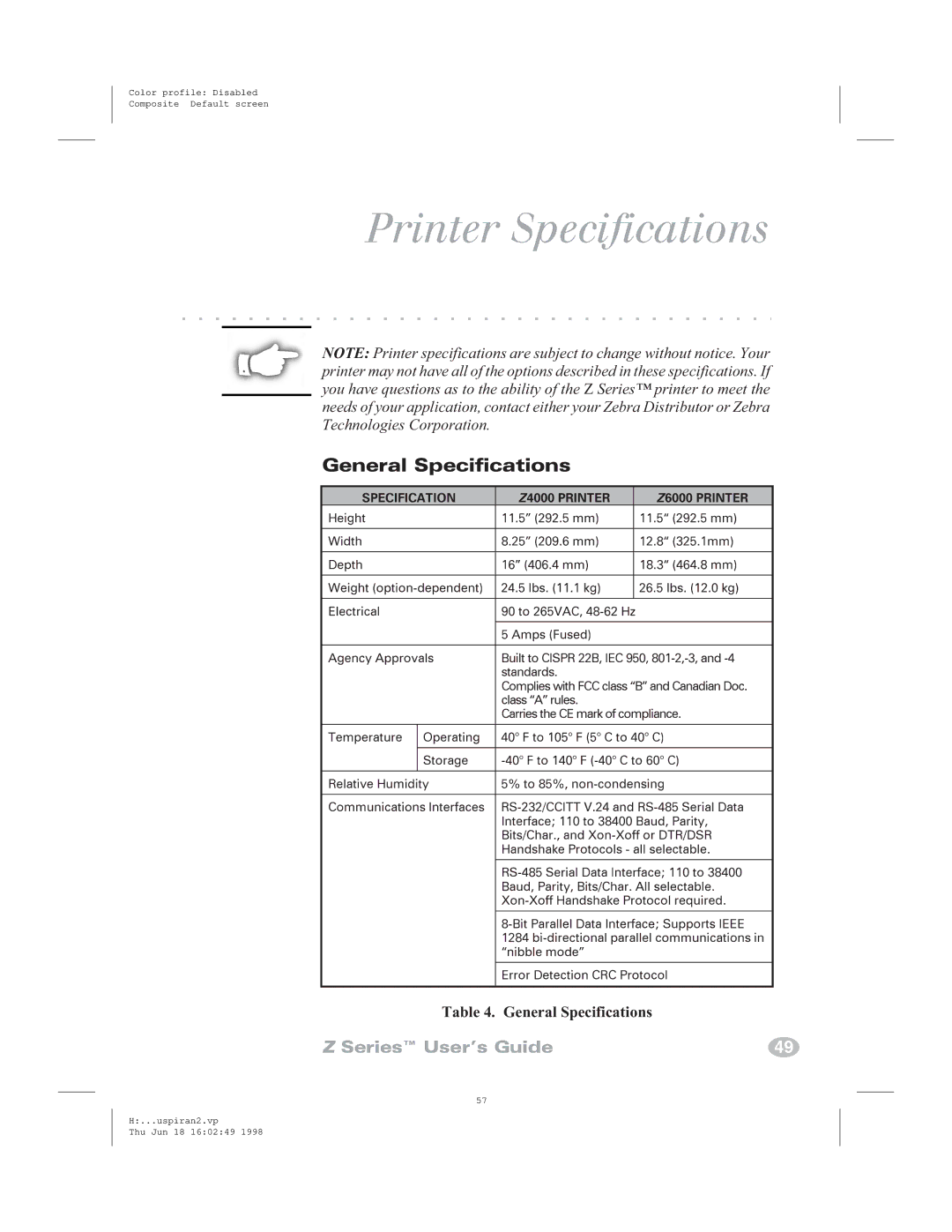 Zebra Technologies Zebra Z4000, Zebra Z6000 manual Idt, Printer Specifications, General Specifications 