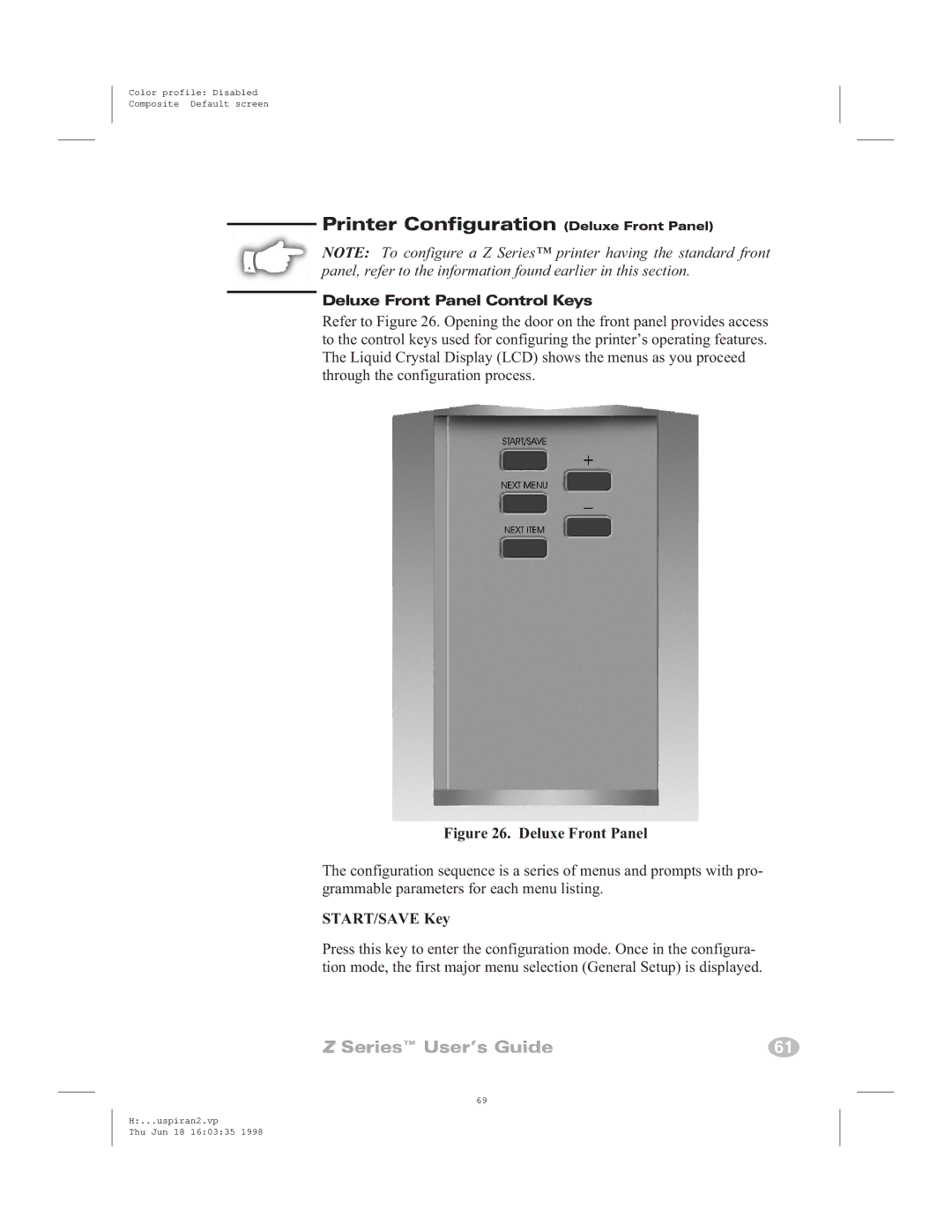 Zebra Technologies Zebra Z4000, Zebra Z6000 manual Deluxe Front Panel Control Keys, START/SAVE Key 