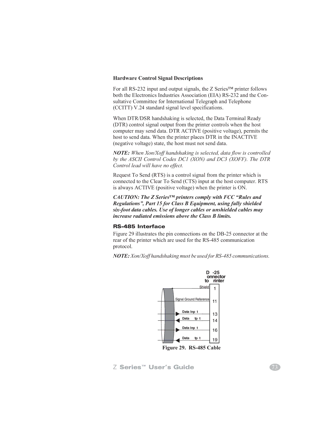 Zebra Technologies Zebra Z4000, Zebra Z6000 manual Hardware Control Signal Descriptions, RS-485 Interface 