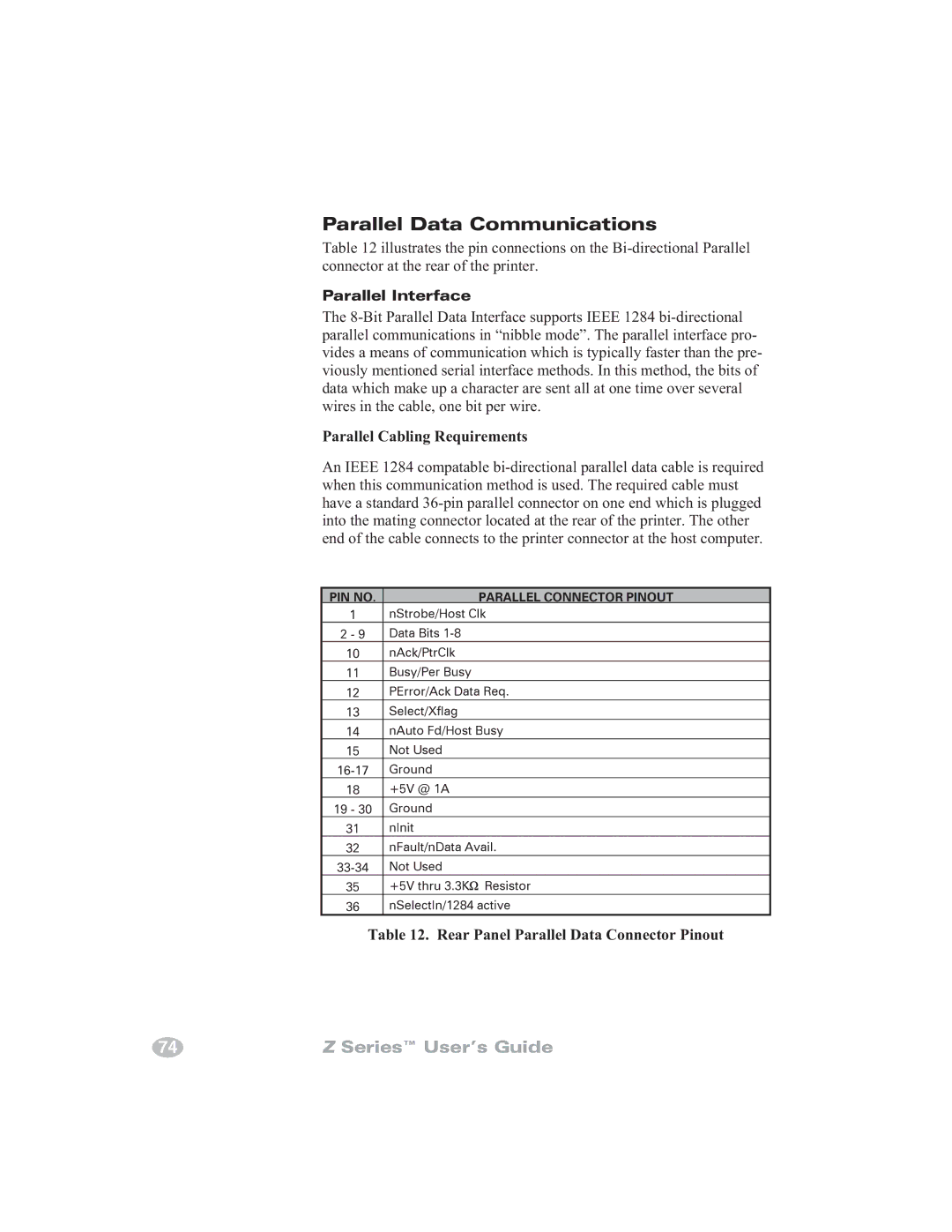 Zebra Technologies Zebra Z6000, Zebra Z4000 manual Parallel Data Communications, Parallel Interface 