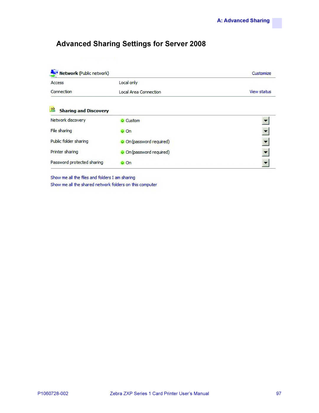 Zebra Technologies zebra zxp series 1 user manual Advanced Sharing Settings for Server 