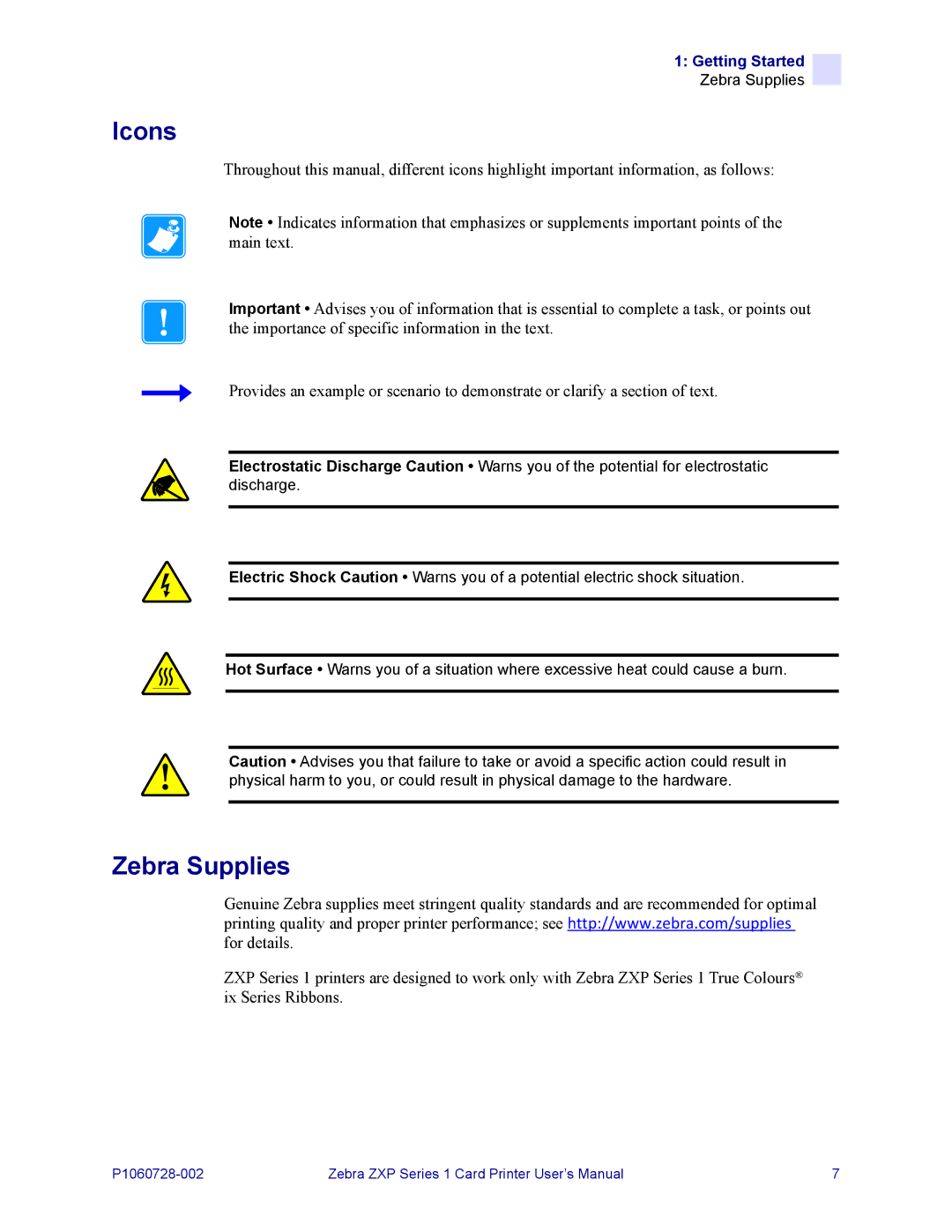 Zebra Technologies zebra zxp series 1 user manual Icons, Zebra Supplies 