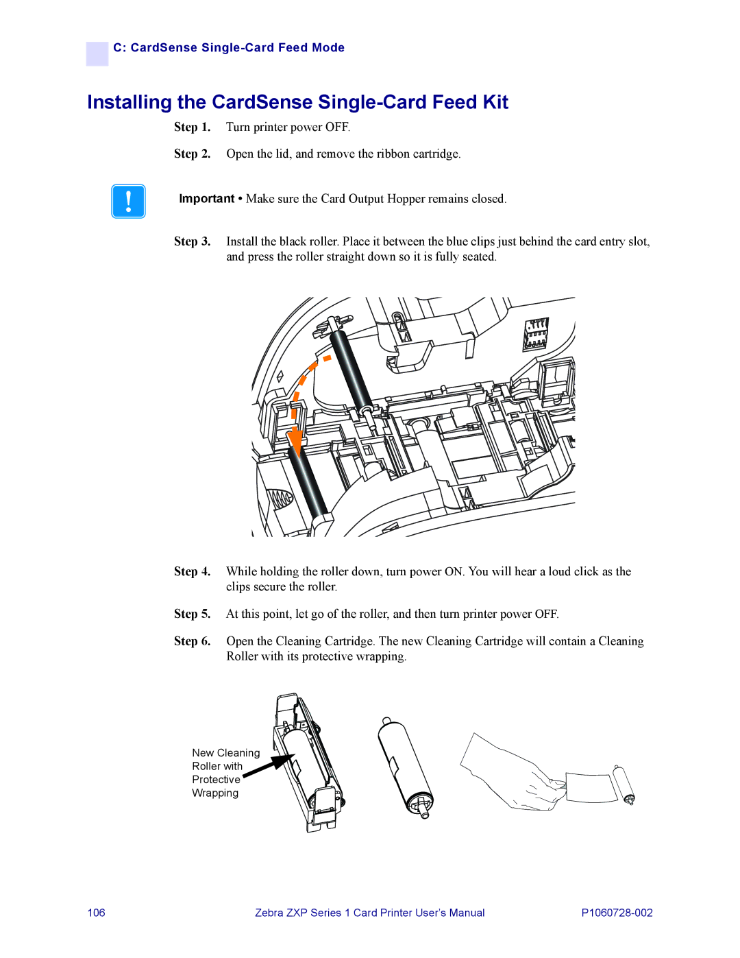 Zebra Technologies zebra zxp series 1 user manual Installing the CardSense Single-Card Feed Kit 