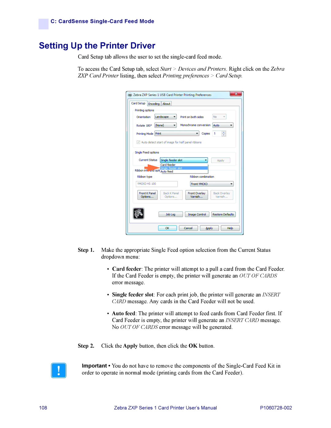 Zebra Technologies zebra zxp series 1 user manual Setting Up the Printer Driver 