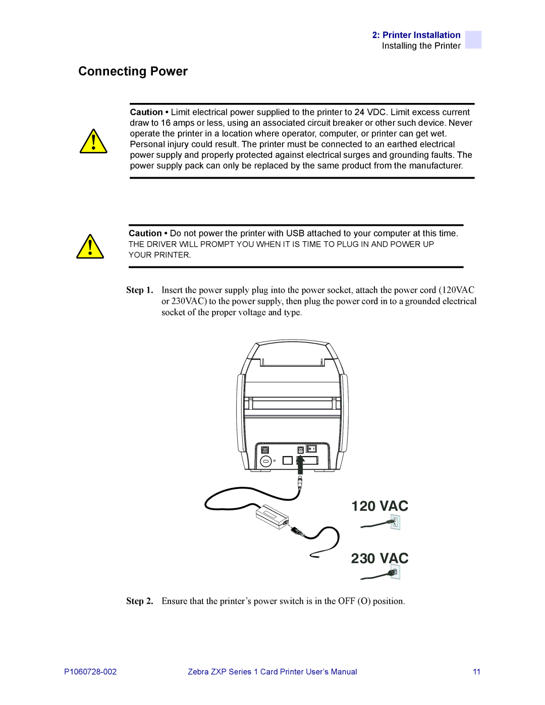 Zebra Technologies zebra zxp series 1 user manual VAC 230 VAC, Connecting Power 