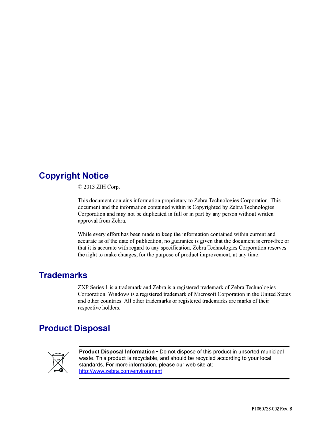 Zebra Technologies zebra zxp series 1 user manual Copyright Notice, Trademarks, Product Disposal 