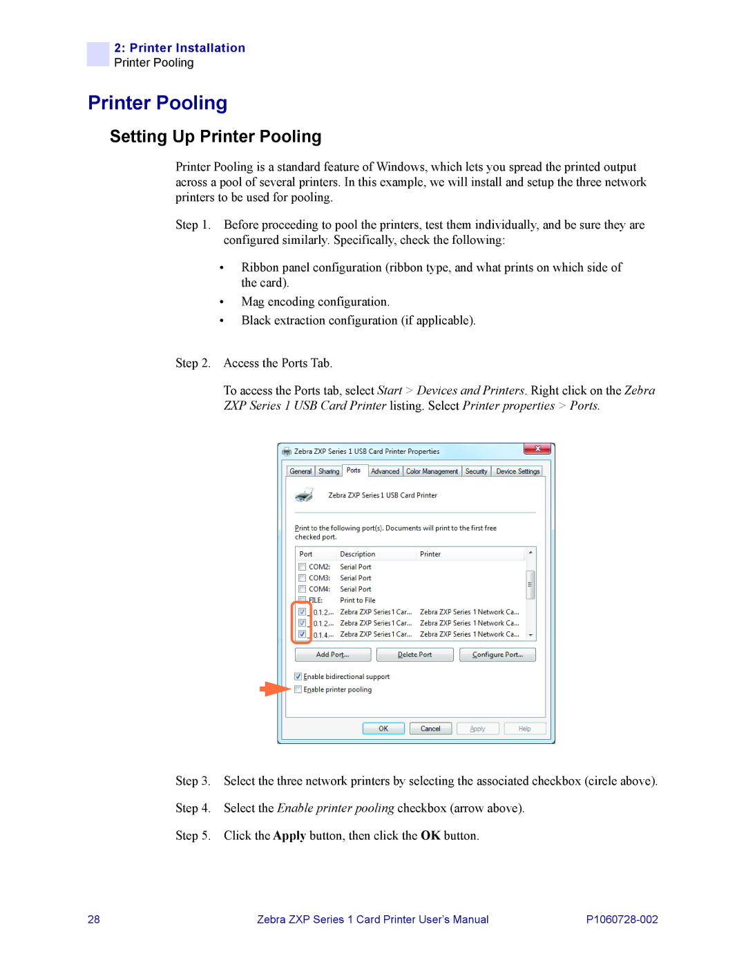 Zebra Technologies zebra zxp series 1 user manual Setting Up Printer Pooling 