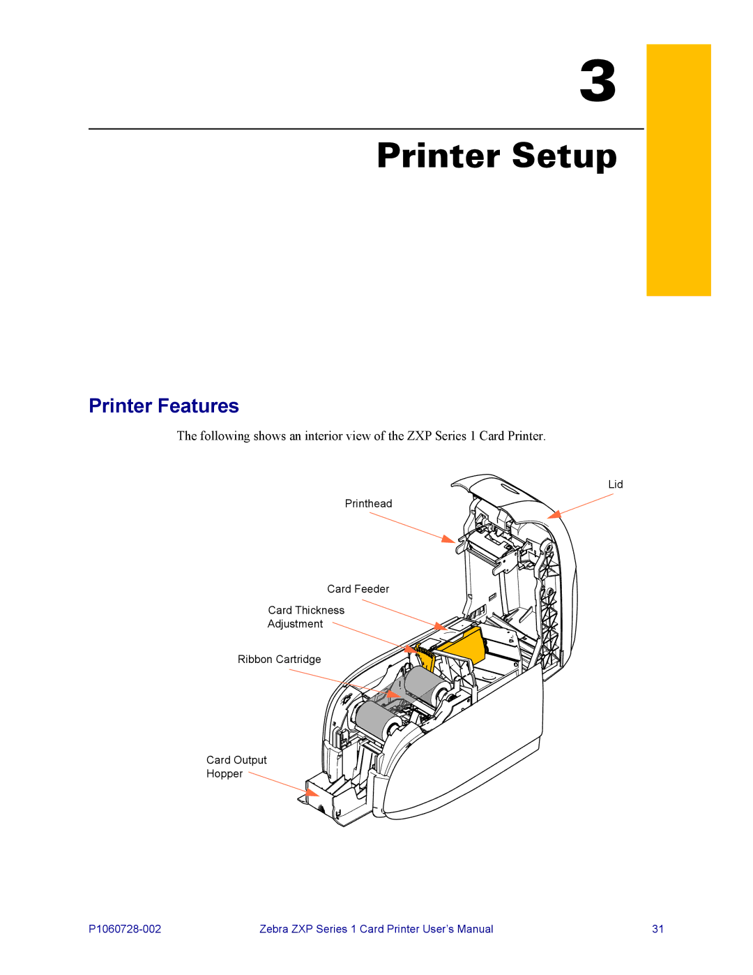 Zebra Technologies zebra zxp series 1 user manual Printer Setup, Printer Features 