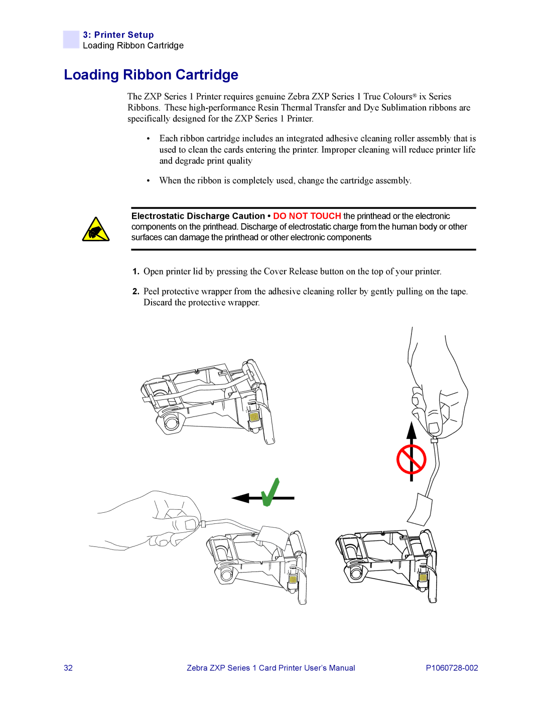 Zebra Technologies zebra zxp series 1 user manual Loading Ribbon Cartridge 