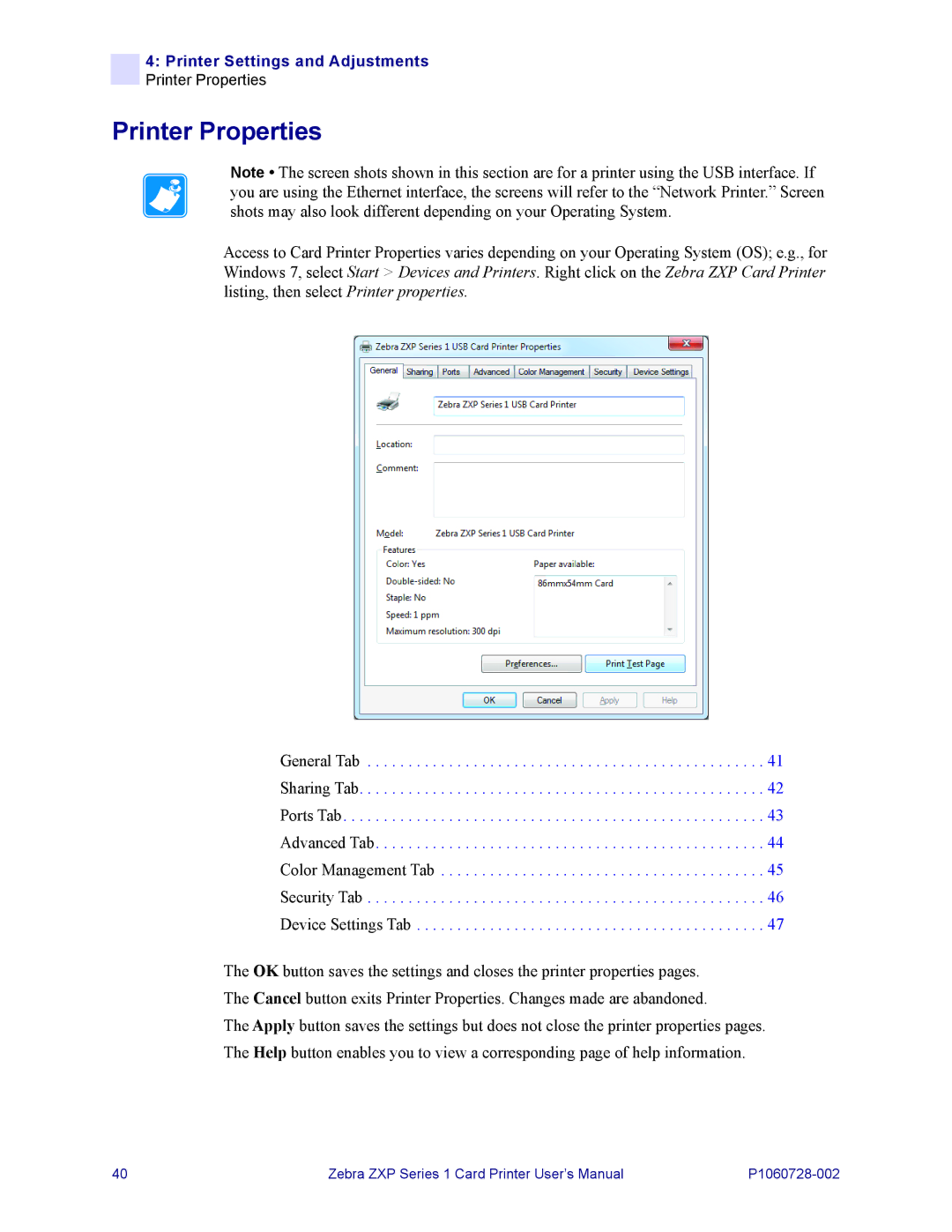 Zebra Technologies zebra zxp series 1 user manual Printer Properties 