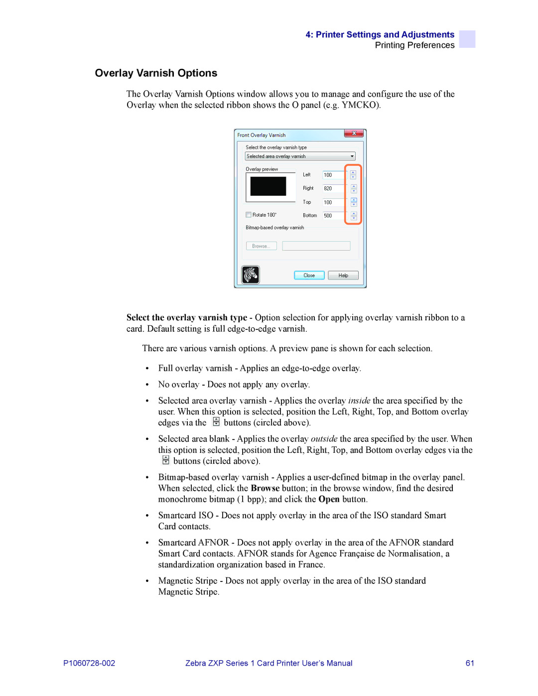 Zebra Technologies zebra zxp series 1 user manual Overlay Varnish Options 