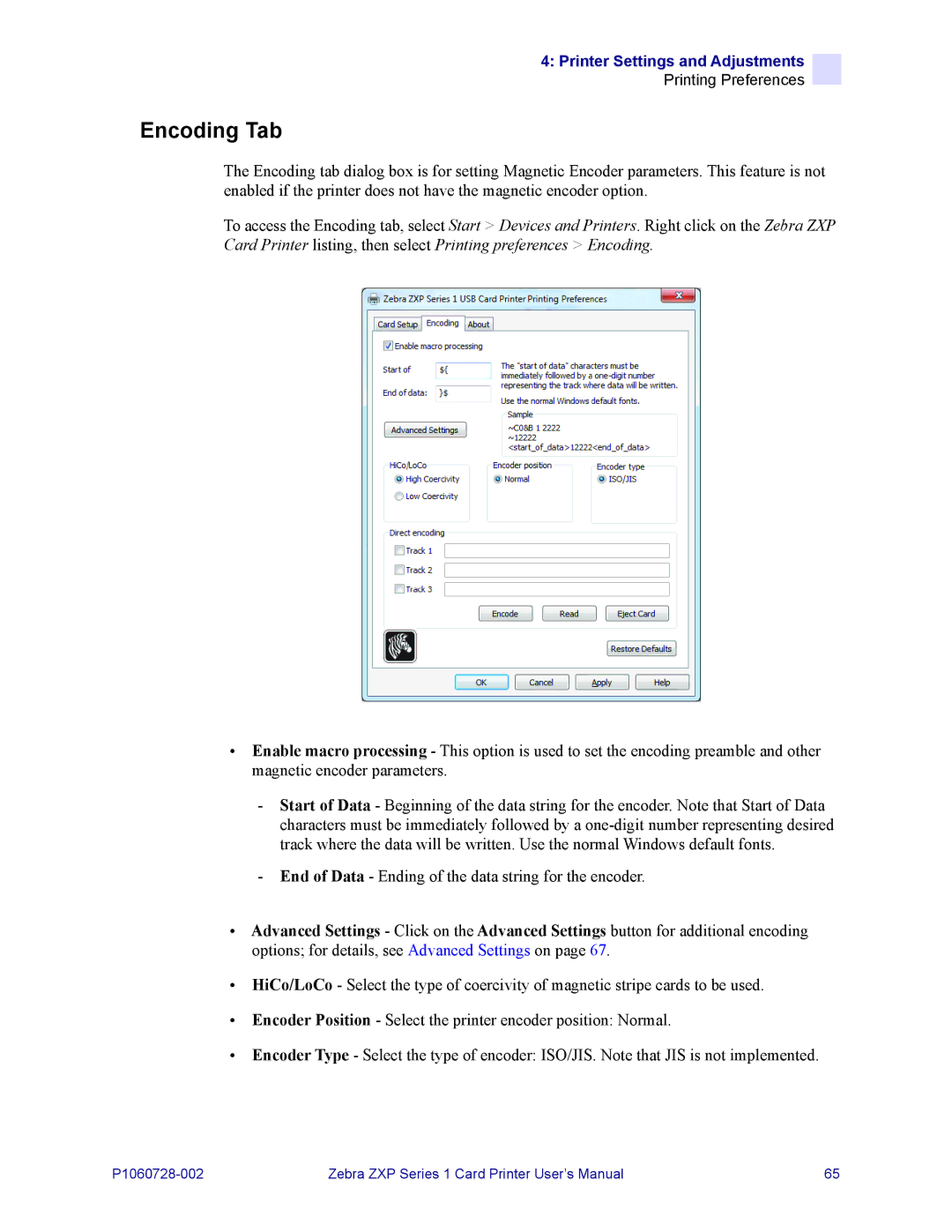 Zebra Technologies zebra zxp series 1 user manual Encoding Tab 