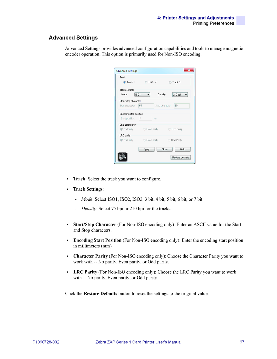 Zebra Technologies zebra zxp series 1 user manual Advanced Settings, Track Settings 