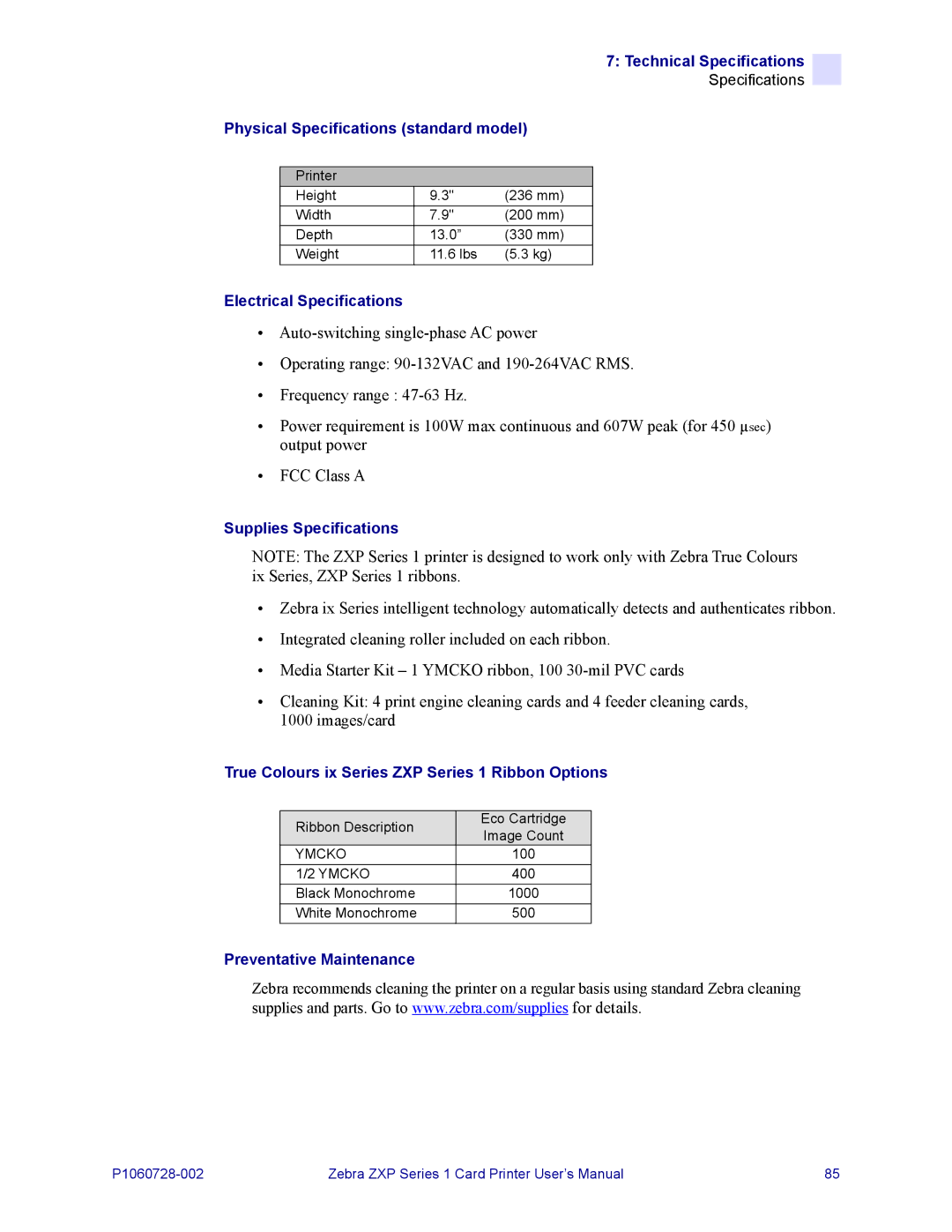 Zebra Technologies zebra zxp series 1 user manual Technical Specifications 