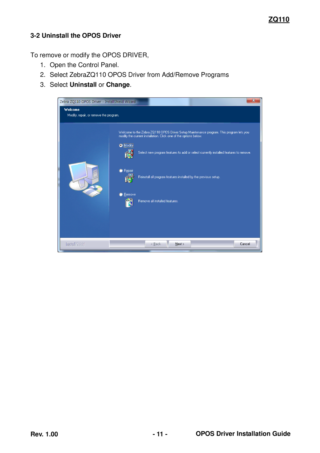 Zebra Technologies ZQ110 manual Uninstall the Opos Driver 