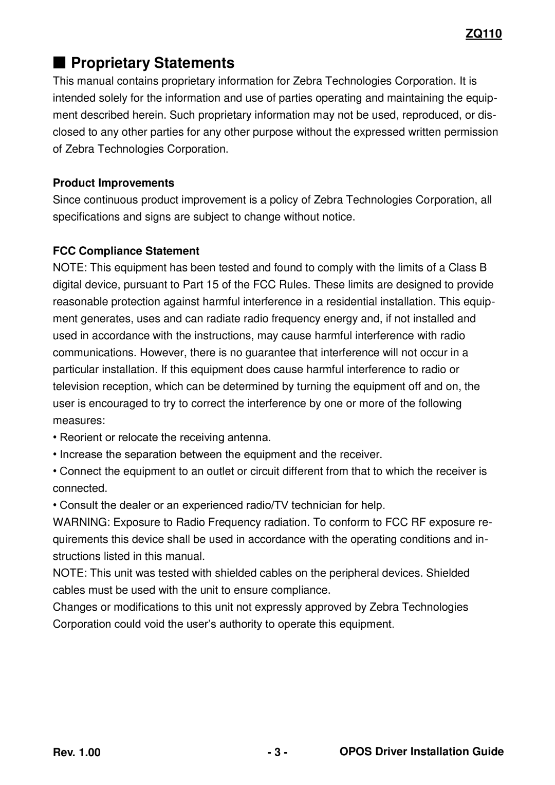 Zebra Technologies ZQ110 manual Proprietary Statements, Product Improvements, FCC Compliance Statement 