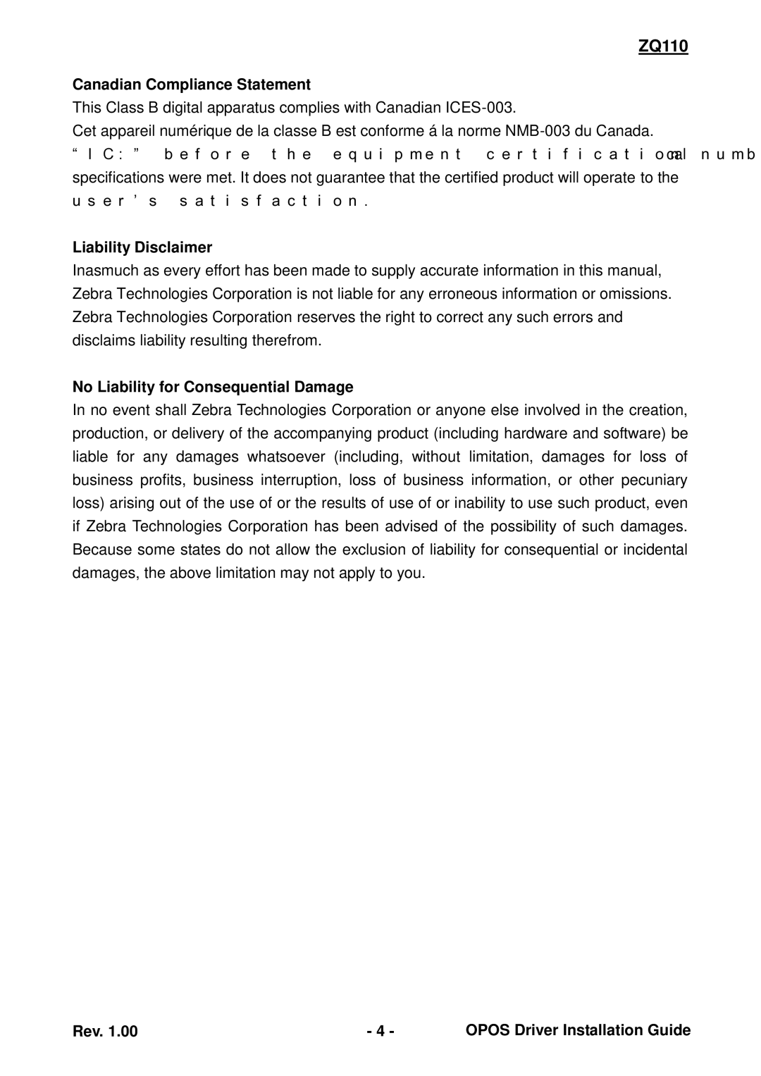 Zebra Technologies ZQ110 manual Canadian Compliance Statement, Liability Disclaimer, No Liability for Consequential Damage 