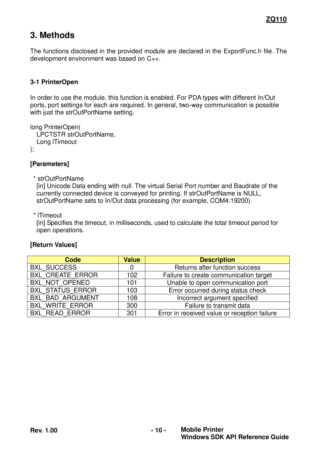 Zebra Technologies ZQ110 manual Methods, PrinterOpen, Parameters, Return Values Code Description 