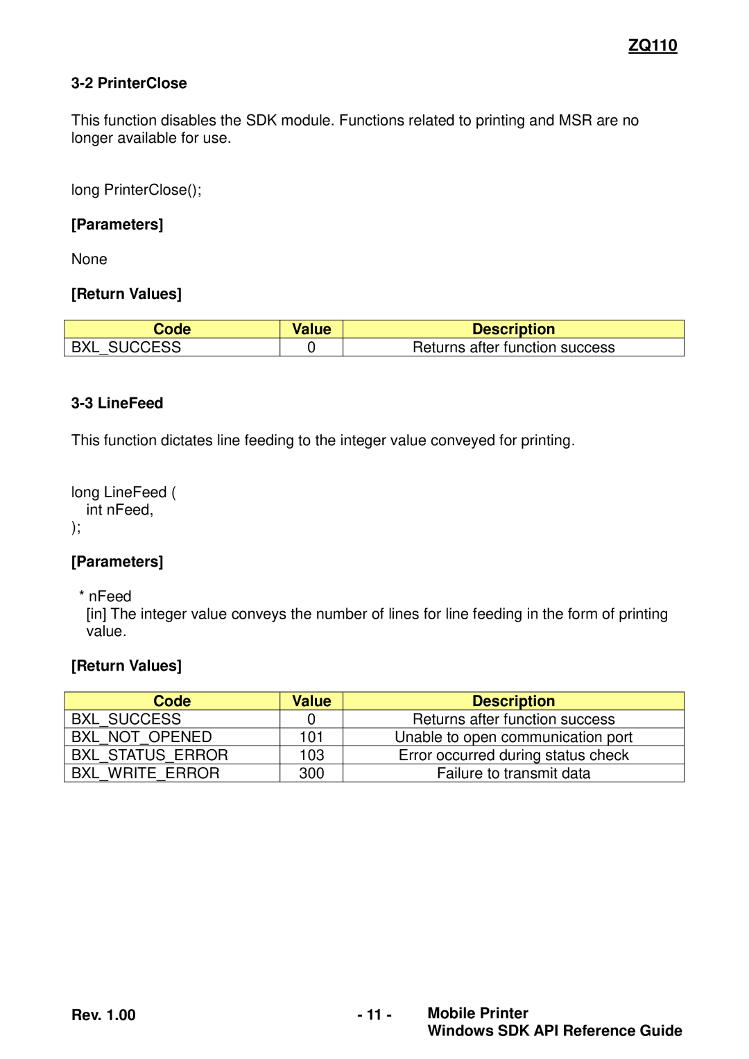 Zebra Technologies ZQ110 manual PrinterClose, Parameters None Return Values Code Description, LineFeed 