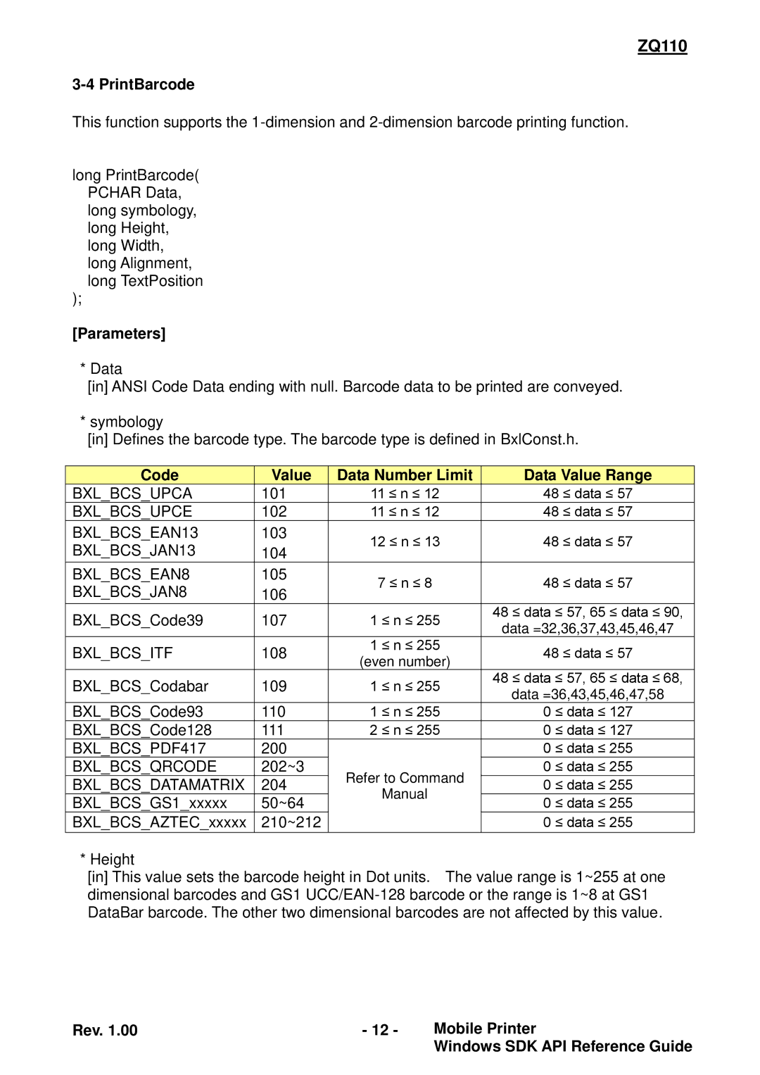 Zebra Technologies ZQ110 manual PrintBarcode, Code Value Data Number Limit Data Value Range 